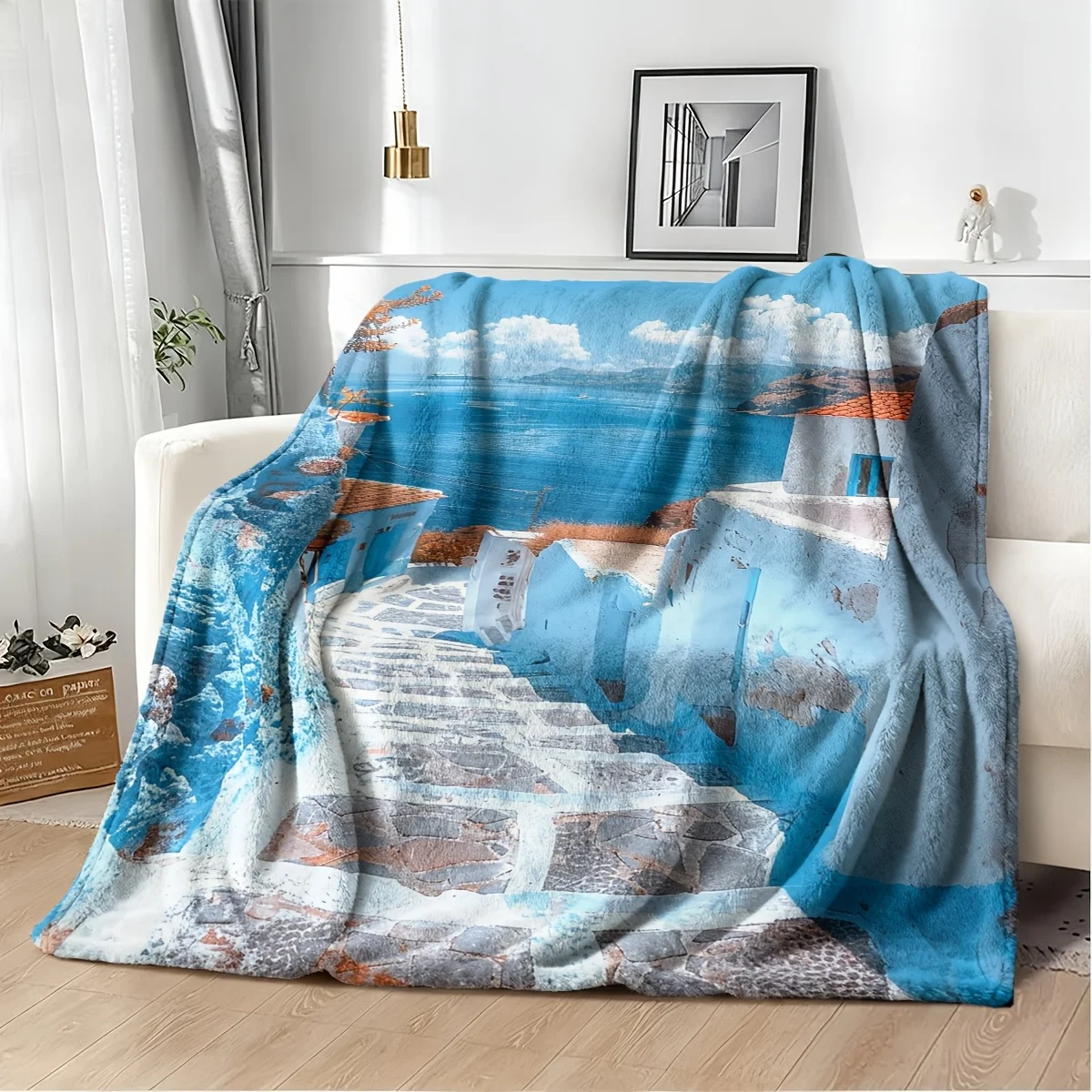 Mediterranean Coastal Blanket Throw Blue Greek Seaside Landscape Design Nap Blanket for Sofa Bed Decor Gift