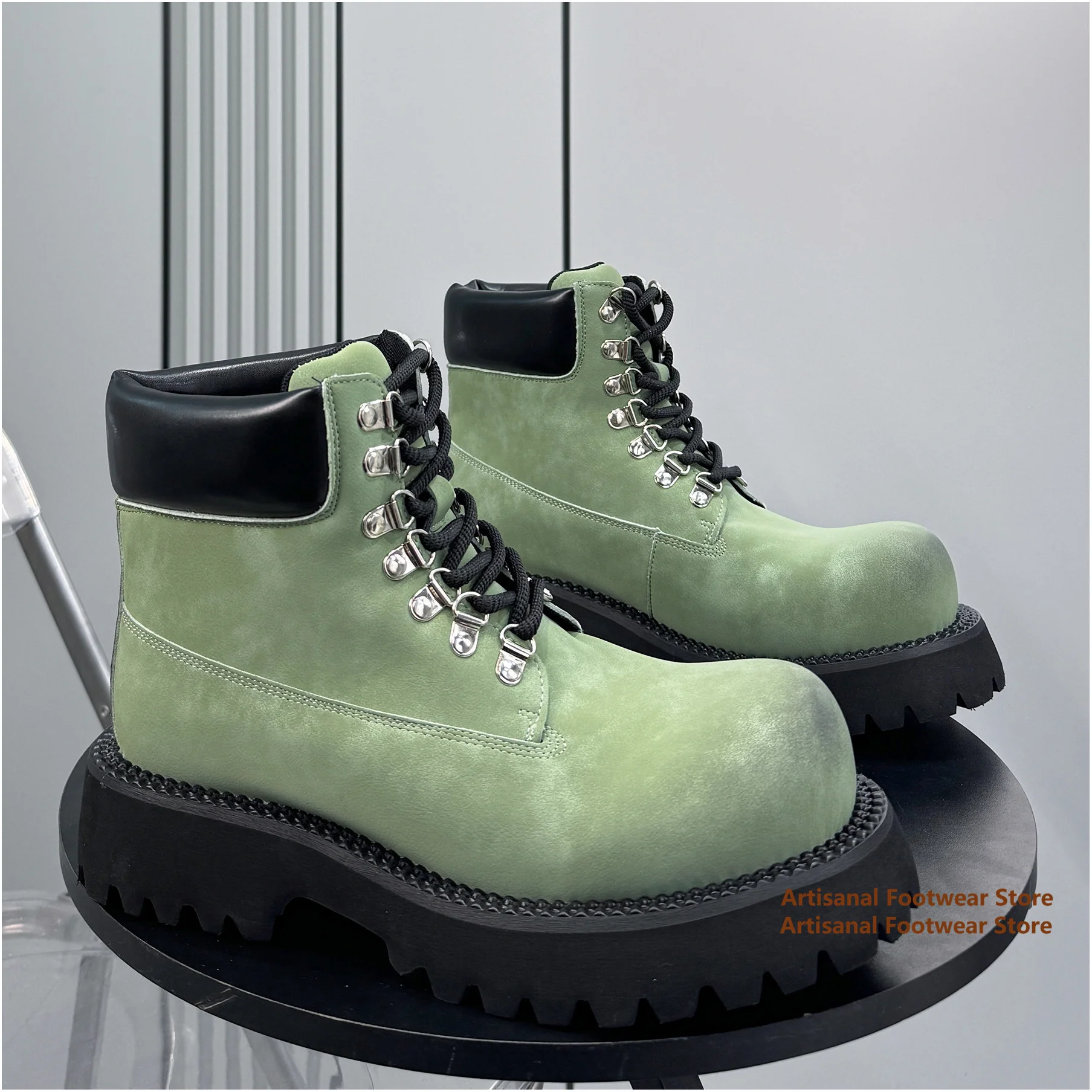 Thick-Soled High Top Men's Boots Spring New Style Height Increasing Lace-Up Men's Big Round Toe Derby Shoes Trendy Men's Shoes