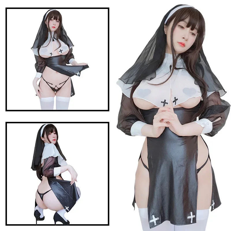 New sexy goddess nun Halloween cosplay costume slim fit exposed chest perspective fantasy sexy lingerie hollow lingerie set