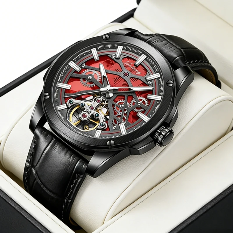 

Мужские часы AILANG Tourbillon с красным циферблатом, кожаным ремешком, автоматическим механическим механизмом, спортивные наручные часы для мужчин, Reloj Hombre