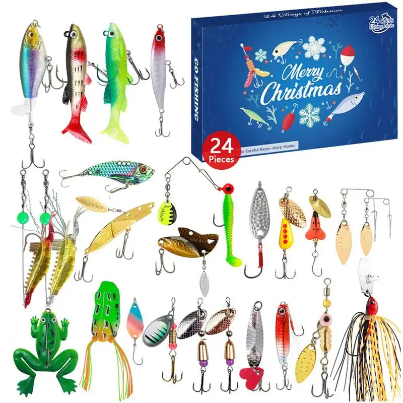 Juego de aparejos de pesca con calendario de Adviento, 24X Calendario de Cuenta atrás Señuelos de Pesca de Navidad con juego de, calendario de cuenta regresiva de pesca de Navidad