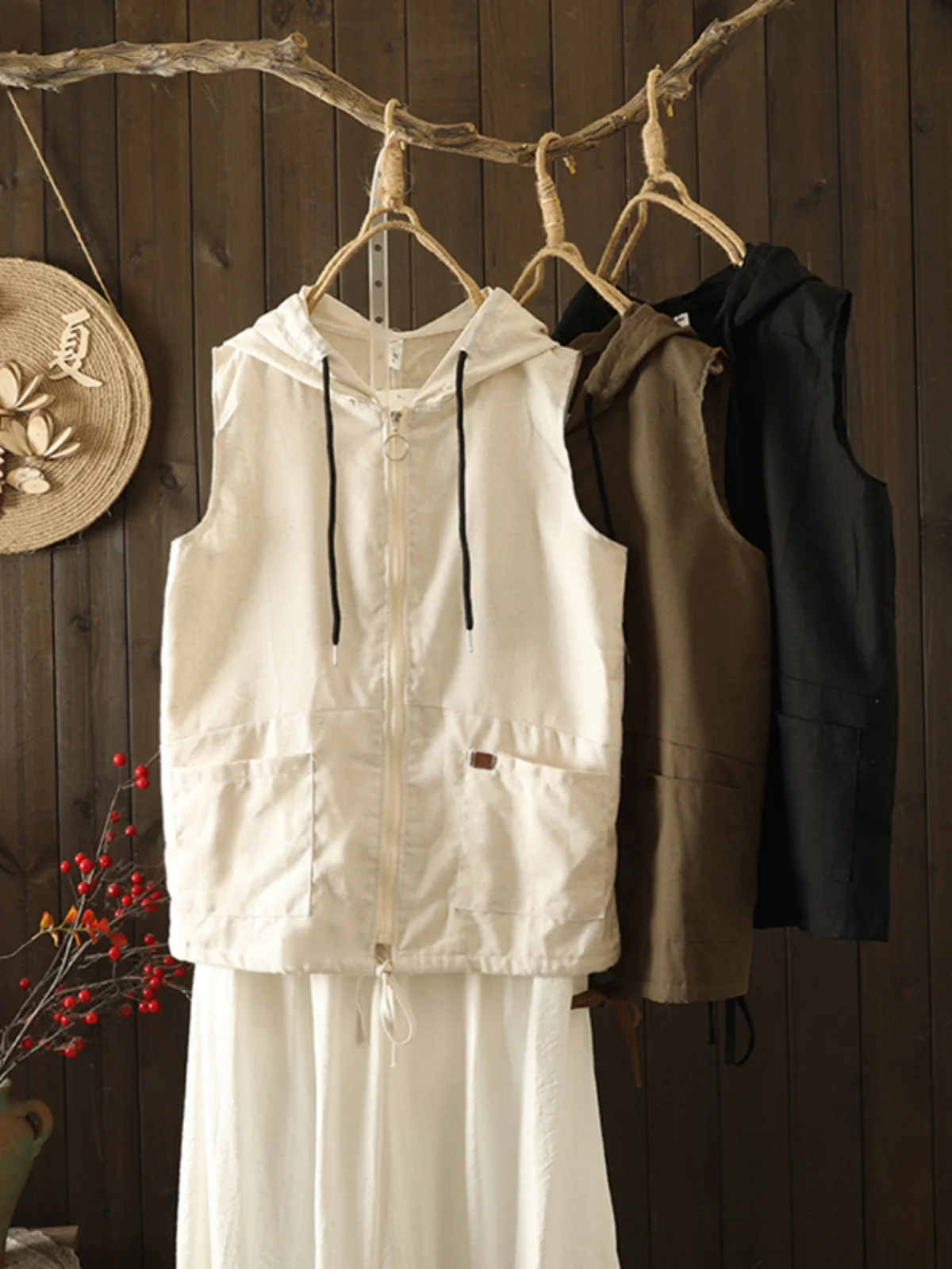 

Casual Cotton Linen Zipper Vest Women's plus Size Loose Fit Color Hooded Tank Top Commute Sle Faion Outerwear
