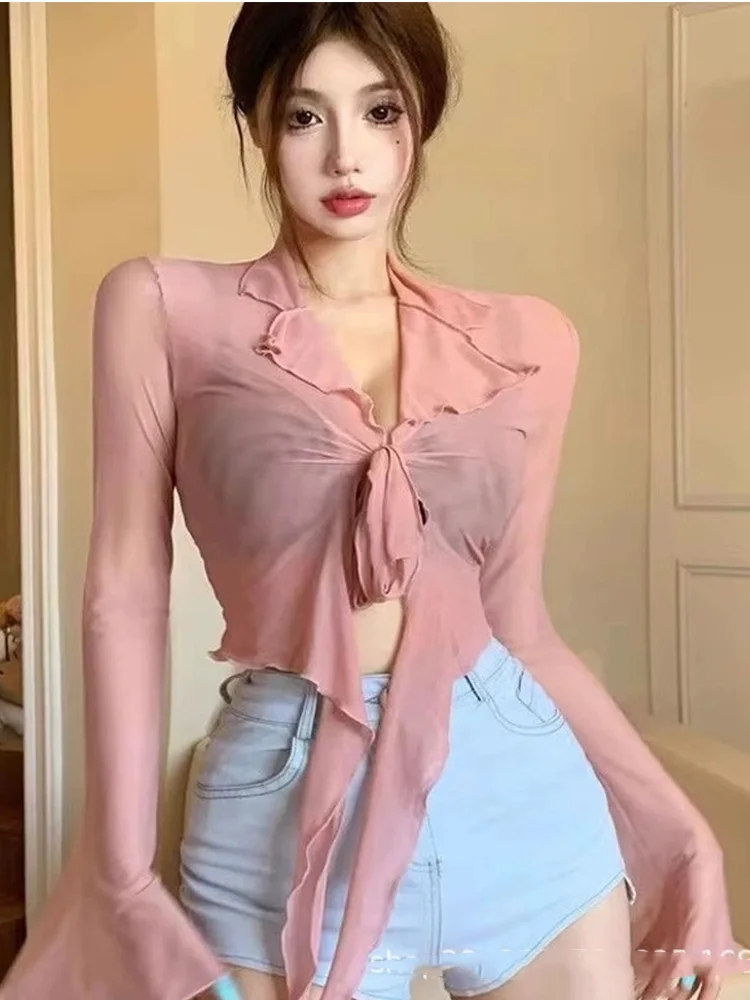 الصيف شبكة طويلة الأكمام تي شيرت للنساء مثير فتاة حار نقية الرغبة حزام القرن كم مايكرو شفافة البنطال القصير