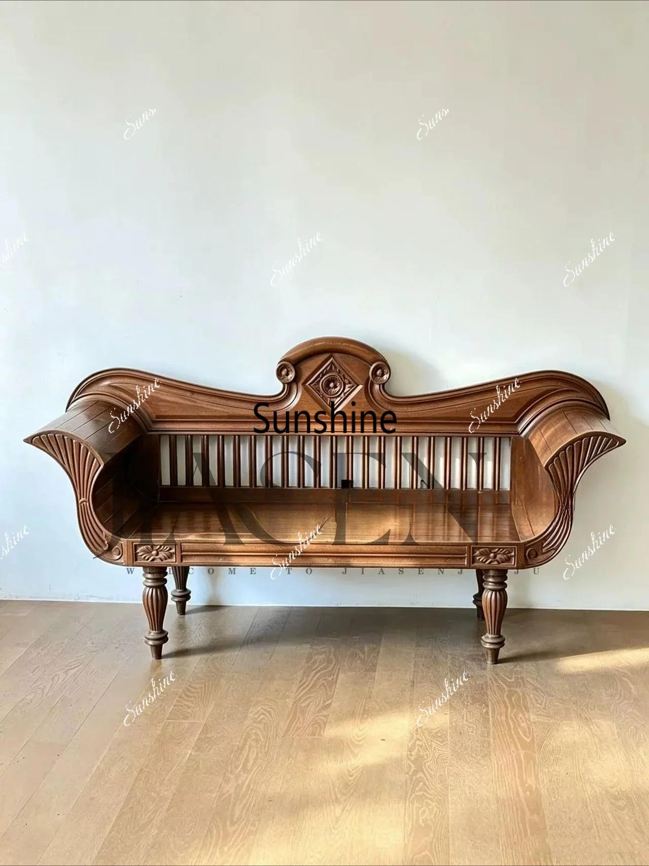 F European classical solid wood double three-person sofa carved studio chaise longue