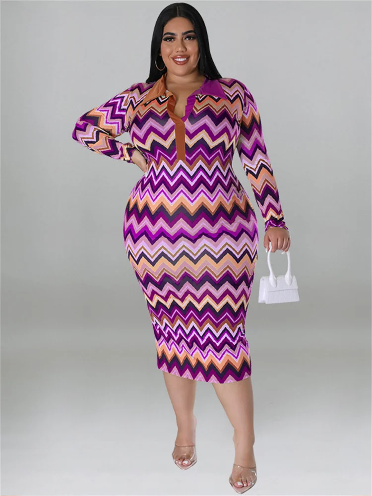 Wmstar Plus Size Dresses for Women Clothes Striped Long Sleeve V Neck Casual Fashion Shirts Maxi Dress Wholesale Dropshipping