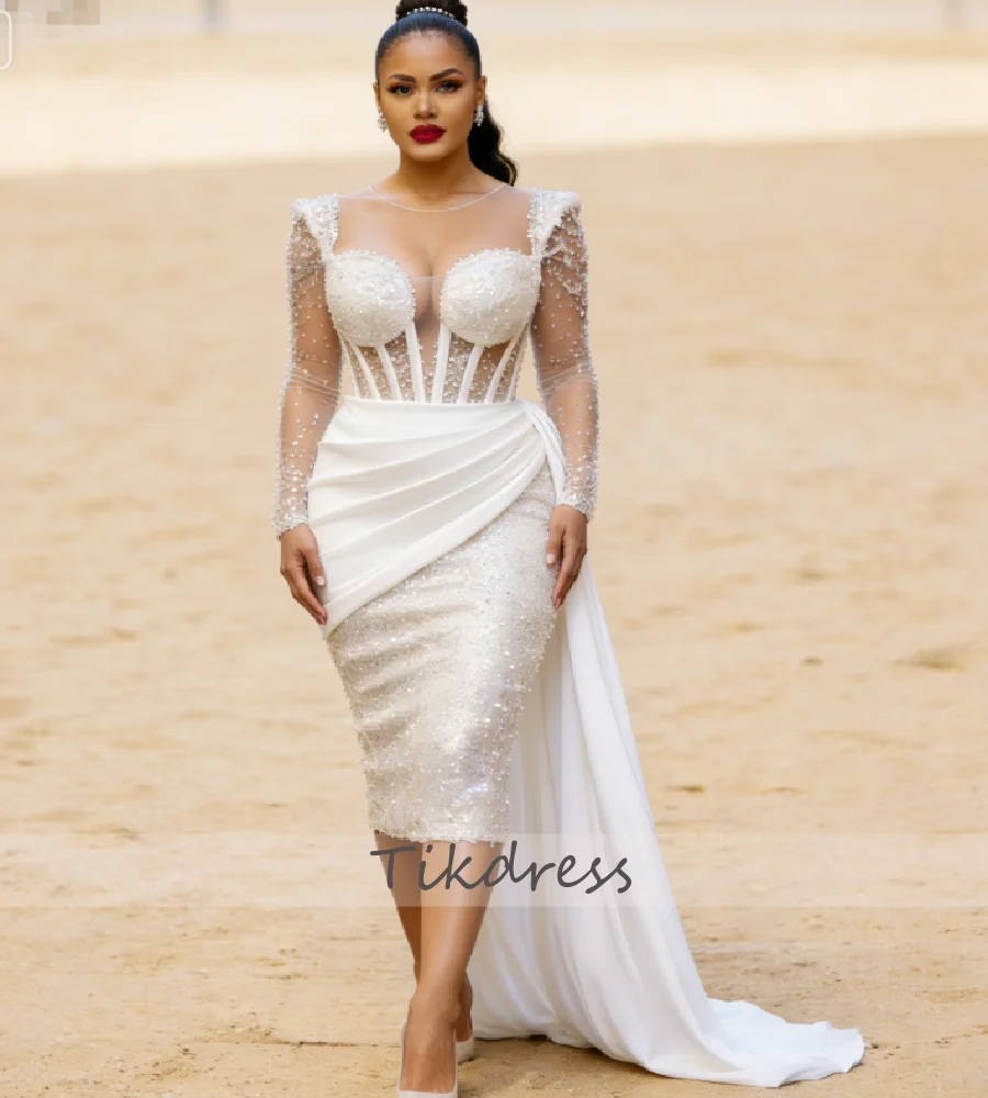 Sparkly Sequin Beach Wedding Dress With Chiffon Train Shine Tea Length Bohemian Bridal Gown 2026 Long Sleeve African Civil Bodas