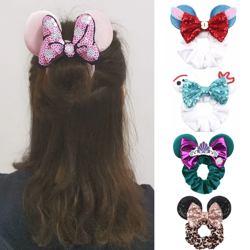 

2024 Disney Minnie Mouse Ears Velvet Hair Scrunchies For Girls Women Sequins 4"Bow Elastic Hairband DIY Hair Accessories