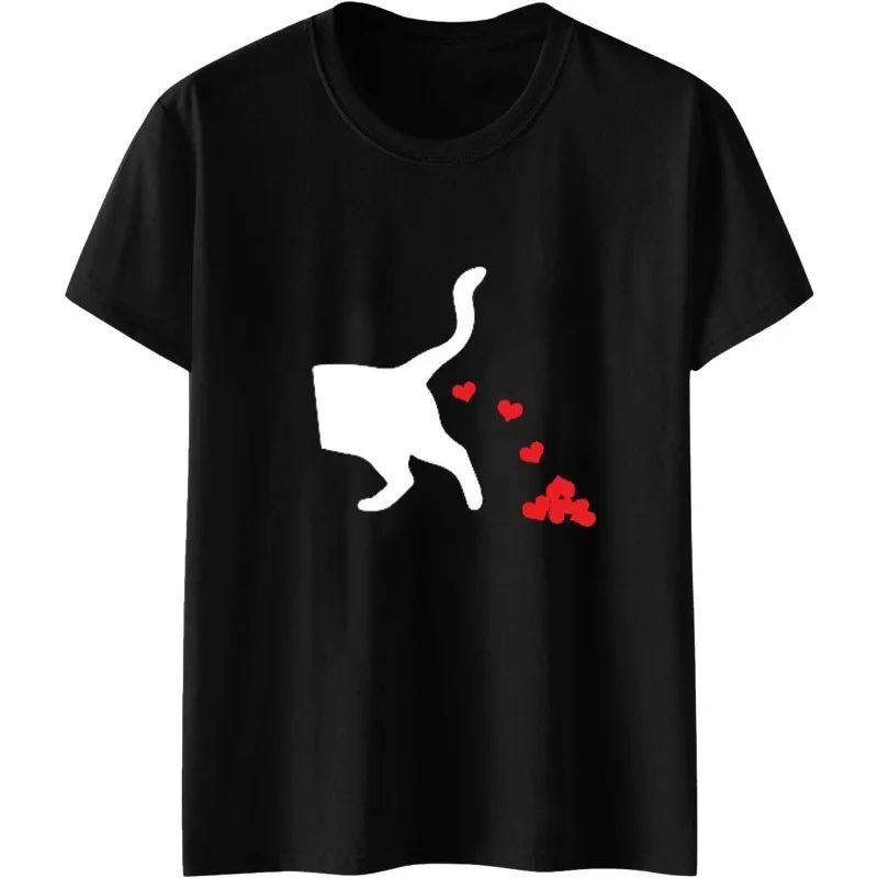

Funny Cat Heart Pattern T-shirt Valentine's Day Shirts Daily Versatile Crew Neck Top Women's Casual Relaxed-Fit Short-Sleeve