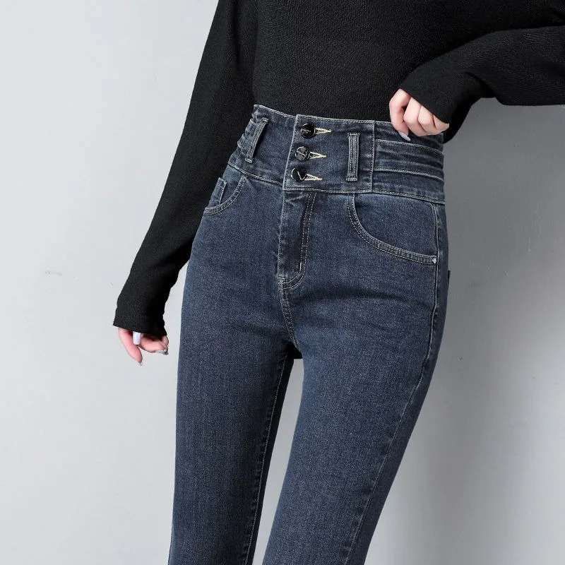 

Blue-gray Jeans, Women's High-waisted Spring and Autumn New Three-breasted Stretch Tight Slimming Pencil Skinny Pants Fashion