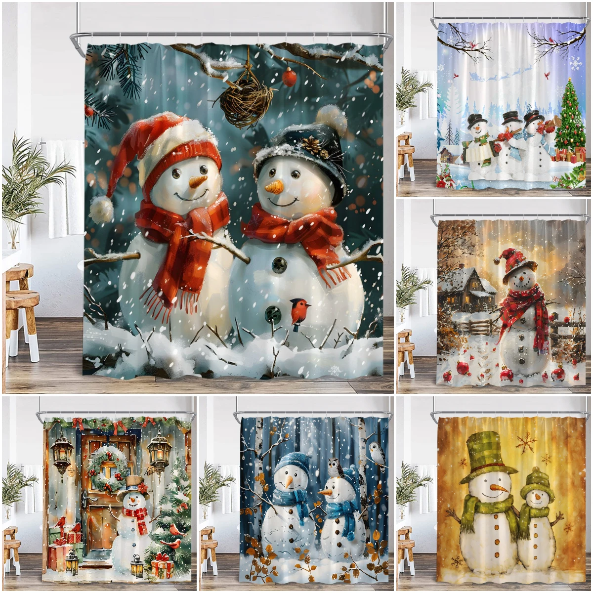 

Snowman Merry Christmas Shower Curtain Winter Festival Pine Tree Happy New Year Bathroom Decor Xmas Party Polyester Bath Curtain