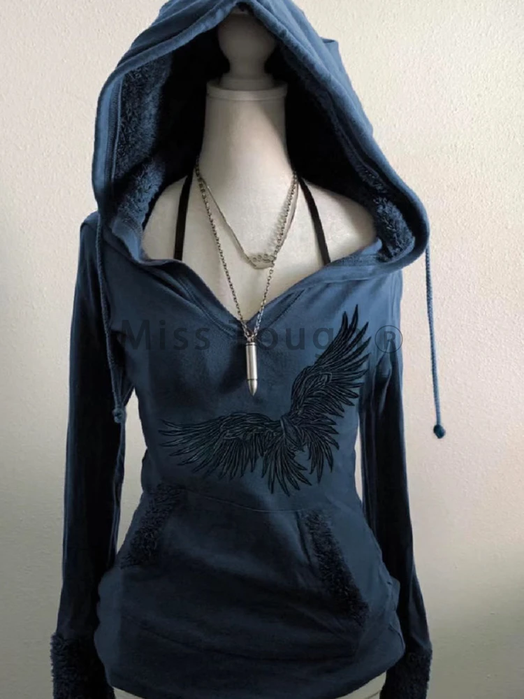 Autumn Aesthetic Vintage Slim Solid Hoodie Women High Street Y2k Long Sleeve Print Hooded Top Female Goth Chic Thin Blue Top New