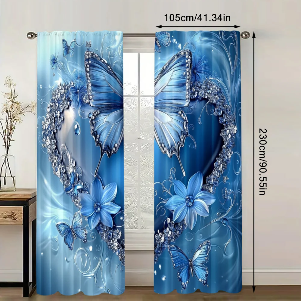 2Pc Blue Heart Butterfly Curtain With Rod Hole Curtain Perfect For Bedroom Office Kitchen Living Room Study Home Decor_ai8 - Image 4