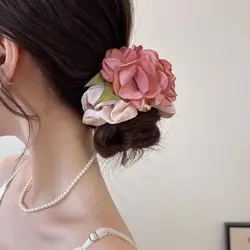 Pink Flower Hair Rope Cute Headwear Korean Style Sweet Scrunchies Headdress Bead Elastic Hair Tie Ponytail Holder