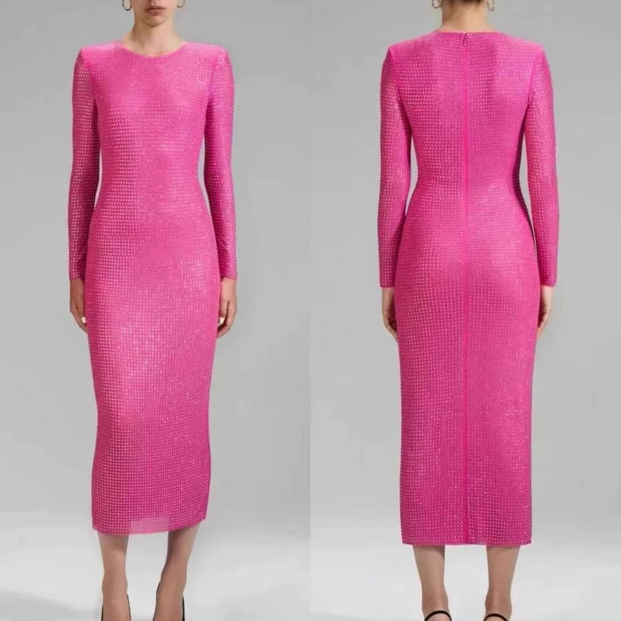 Latest 2022 Hot Sale Top Quality Fluorescent Pink Hotfix Rhinestone Shining Bodycone Sexy Midi Dress for Women