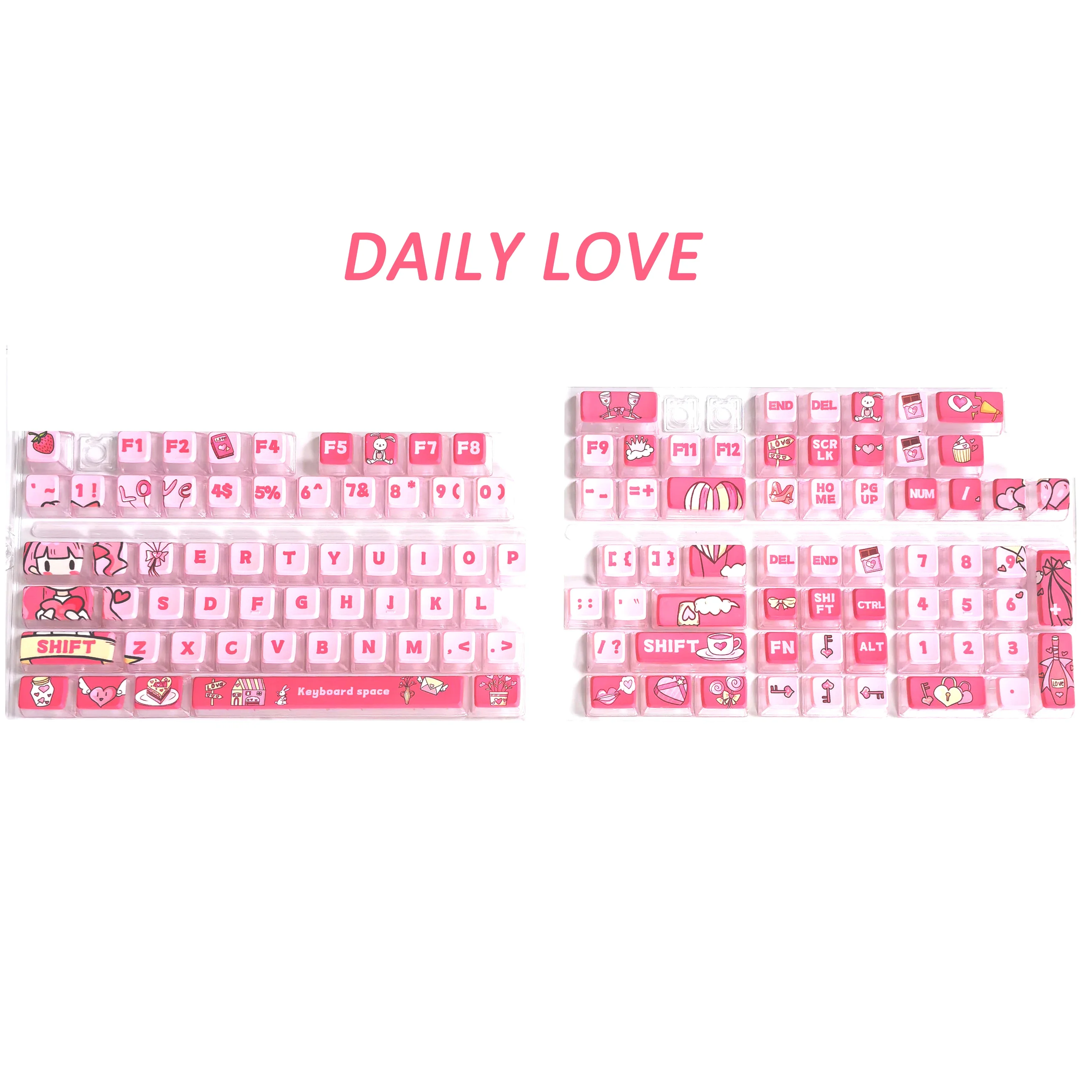 Imagem -06 - Pink Cartoon Love Daily Theme Keycap Pudim Keycap Pbt pc Asa Altura 117 Chaves Bonito Layout Ansi Keycap Transmissor de Luz