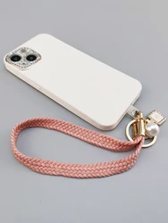 Pure Color Woven Small Fresh Phone Lanyard Short Girls Short Korean Ins Wrist Rope Bracelet Anti-lost Cell Phone Lanyard Keyring