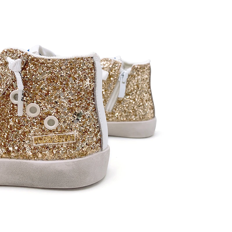 New Design Customized Baby Shoes Children Sport High top Casual Shoes Girls Star Fashion Golden Glitter Kids Sneakers 2024