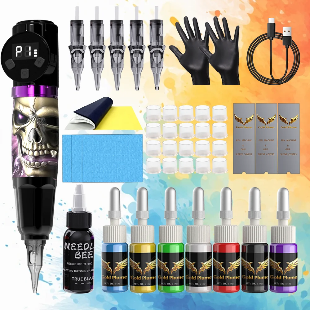 Skull Pattern Cordless Rotary Tattoo Pen Kit Digital Display Complete Tattoo Starter Set