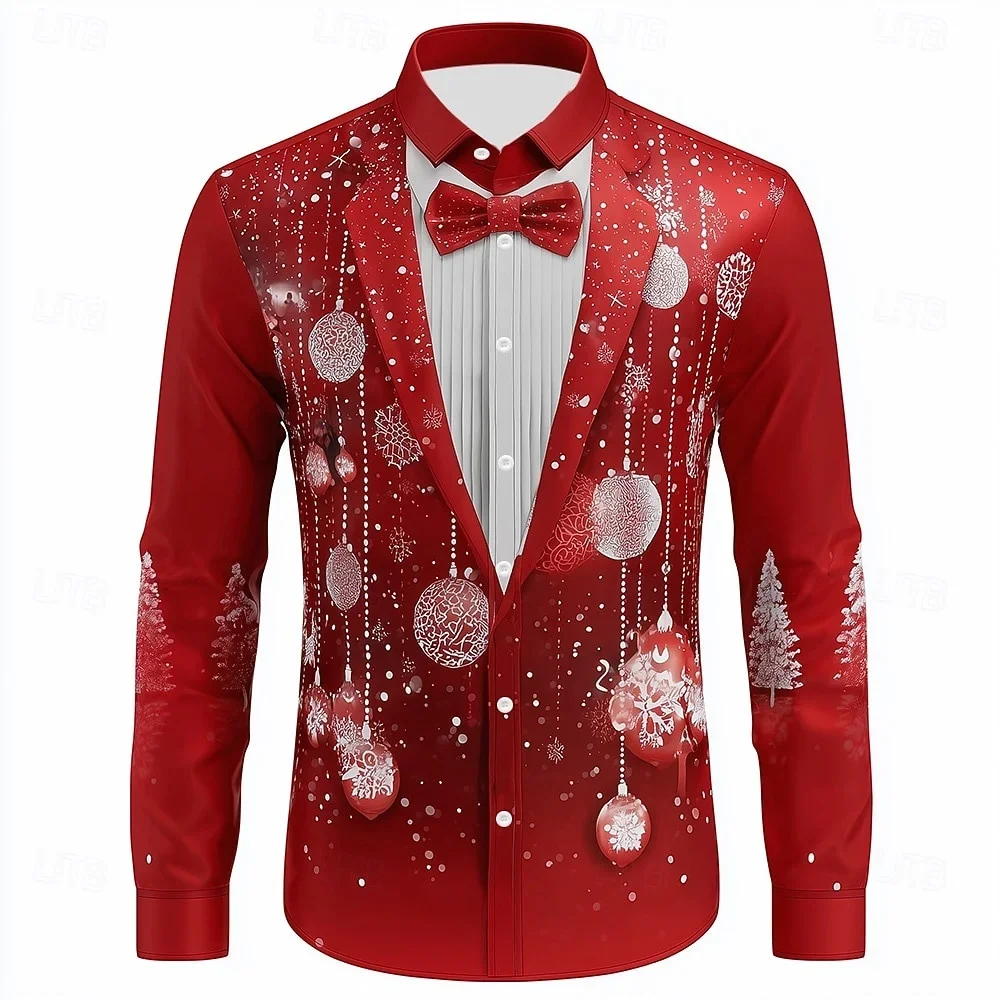 New Men's Bow Tie Fake Christmas Snowman Snowflake Shirt with Buttons, Long Sleeves Outdoor Holiday Clothing Fall/winter Style