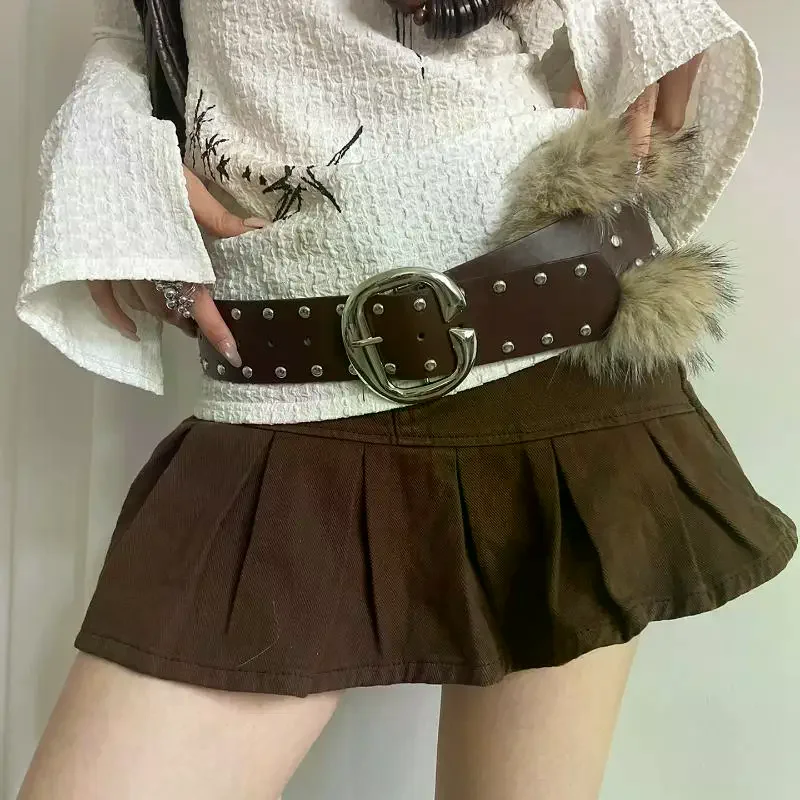 الراقية فو الفراء المرقعة حزام عريض للنساء الثقيلة الشرير ريترو ستايل برشام حزام خصر مع تنورة حزام البنطال الجينز