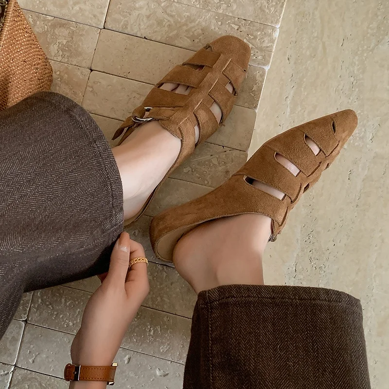 New Summer Women Mules Cow Suede Leather Shoes for Women Round Toe Low Heel Slippers Concise Cover Toe Slingback Band Sandals