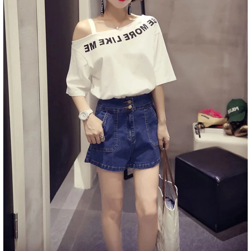 

Printing Letter Off Shoulder Loose Sexy Tops Short Sleeve All-match Youth Casual T Shirts Fashion Trend Women Clothing Summer