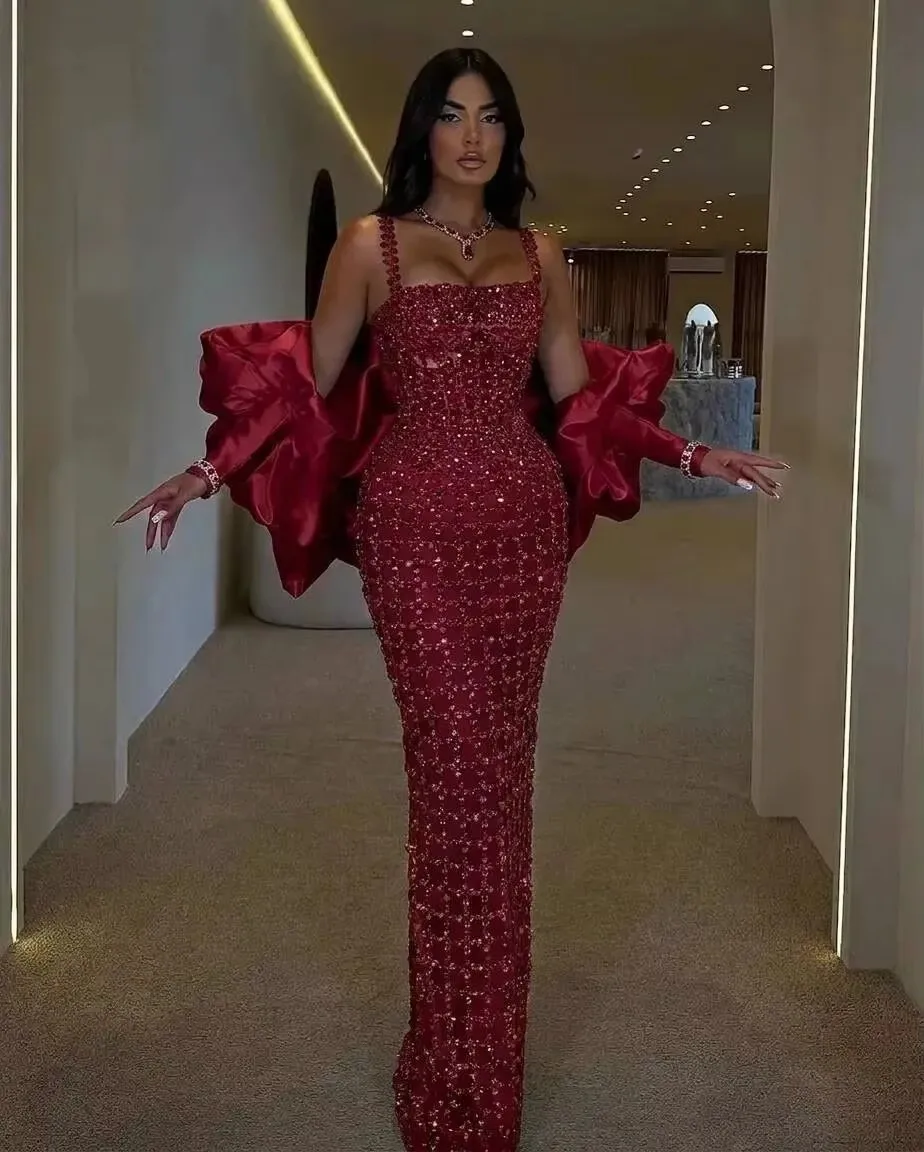 SWEMILE Full Handmade Evening Dresses Luxury 2026 Mermaid Shiny Crystals Beading Cocktail Party Gowns Spaghetti Strap Prom Dress