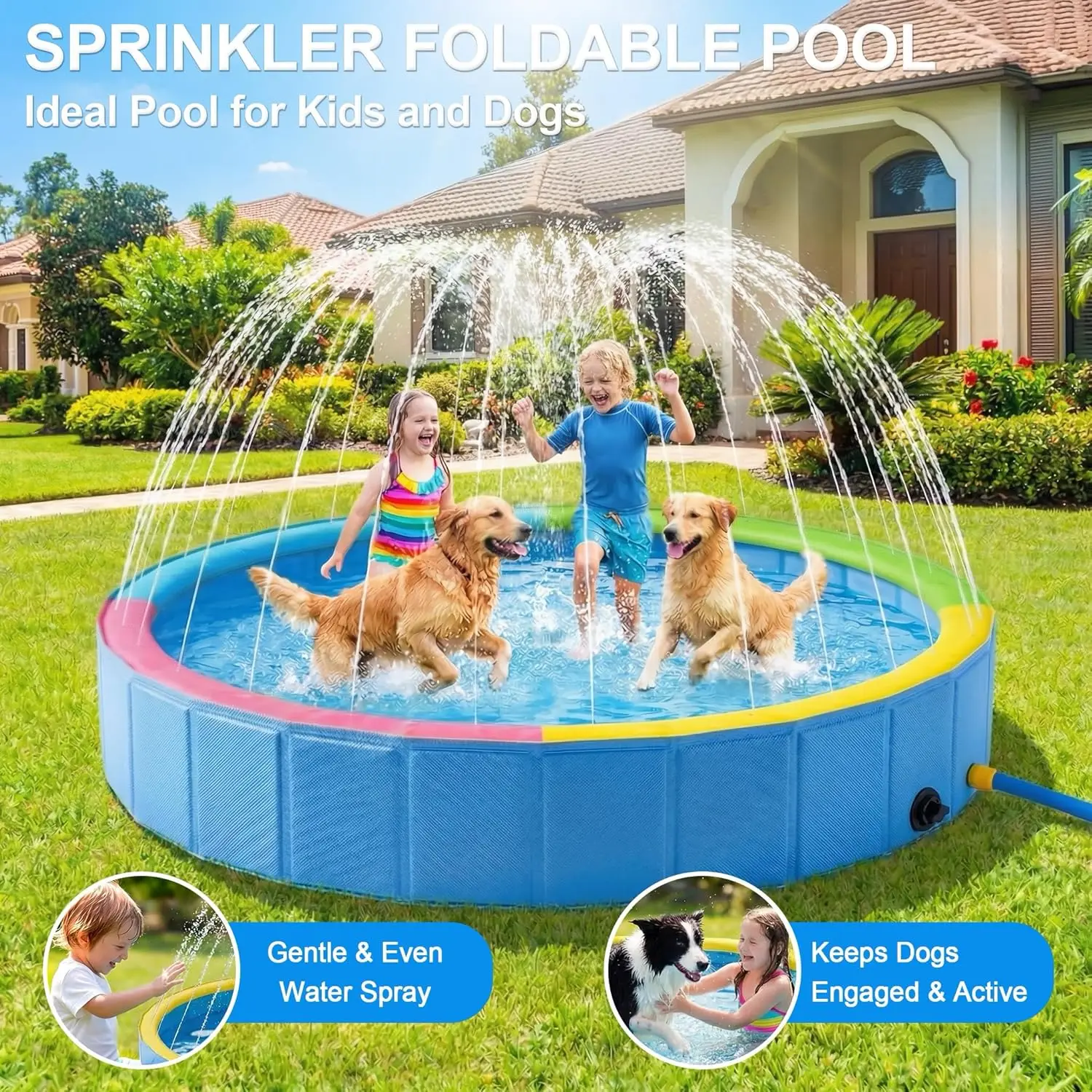 Water Splash Mat Hard Plastic Large Size Foldable Portable With Sprinkler Summer Blue
