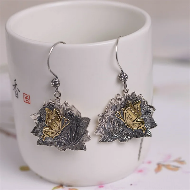 

Glossy 925 Sterling Silver Flower Grass Earrings Women Bronze Gold Butterfly Dangle Earrings Vintage Thai Silver Insects Jewelry
