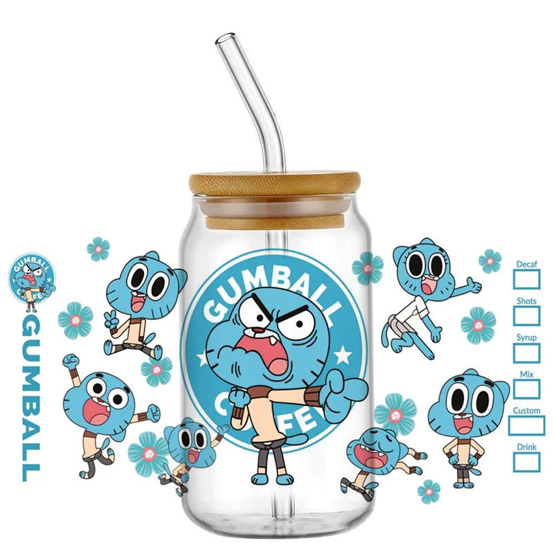 جديد الأشعة فوق البنفسجية DTF كأس التفاف لطيف Gumball نقل ملصقات ثلاثية الأبعاد ل 16 أوقية Libbey الزجاج يمكن بهلوان ذاتية اللصق مقاوم للماء الشارات بالجملة