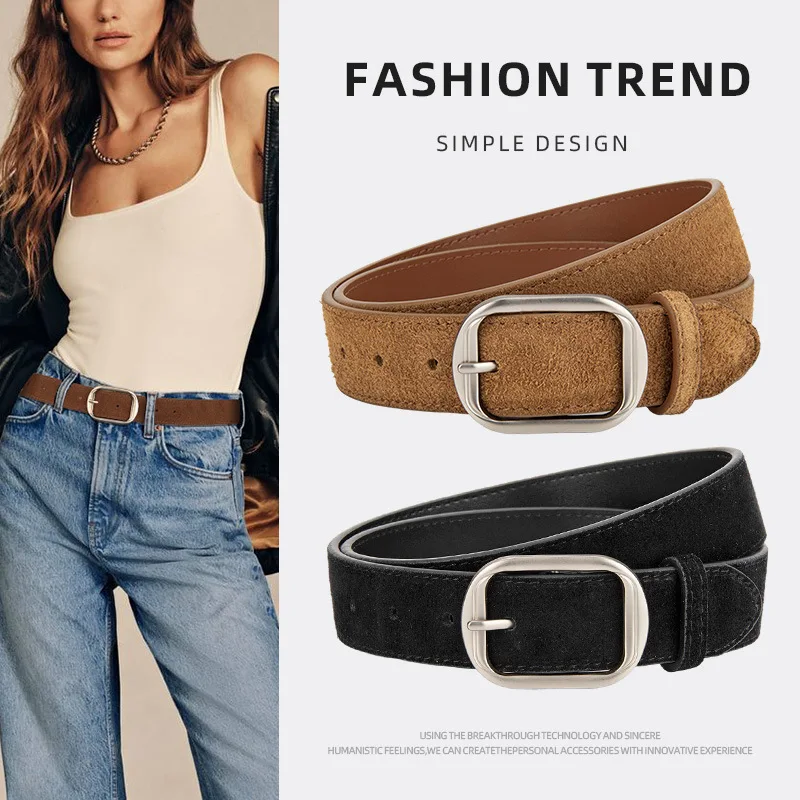 Matte Genuine Leather Suede Belt for Women, Versatile High-End Jeans with American Retro Belt for Women