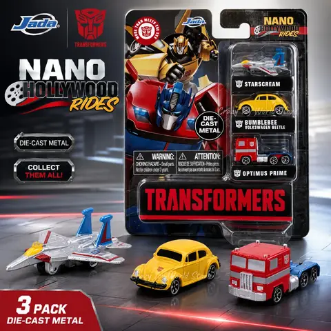 Jada Transformers Nano Hollywood Rides 3-packs,Starscream,Bumblebee Volkswagen Beetle,Optimus Prime,1:128 Diecast Metal Mini Car