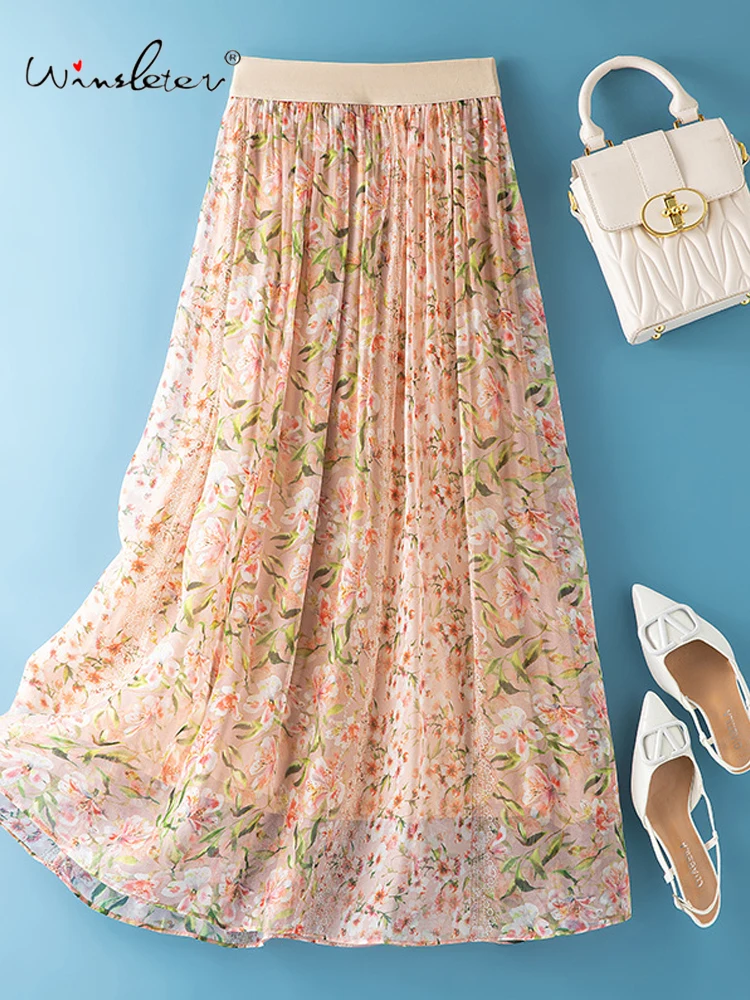 

Winsleter-100%Silk Elegant Skirts, Elastic Waist Printed, Women French Bohemia Temperament A-line Skirt, 2026 Spring B62274CC