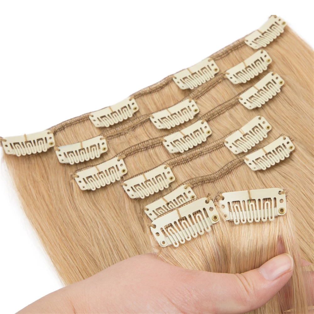 Extensiones de cabello humano liso para mujer, Clips de cabeza completa, 100% Natural, Remy brasileño, 70-120g, 7 unidades por juego