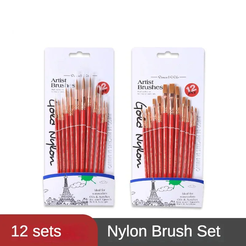 12 pcs round-headed nylon hair brushes flat-head set red solid wood short rodwatercolor gouache acrylic art supplies