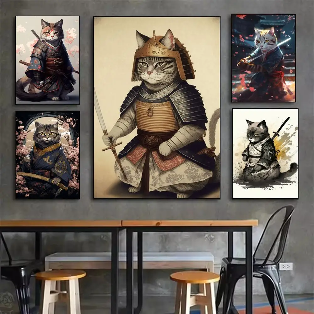 Japanese Style Samurai Cat Cute Cat Animal Poster Perfect Sticker Self Adhesive Art Designed for Home Dining Office Spaces