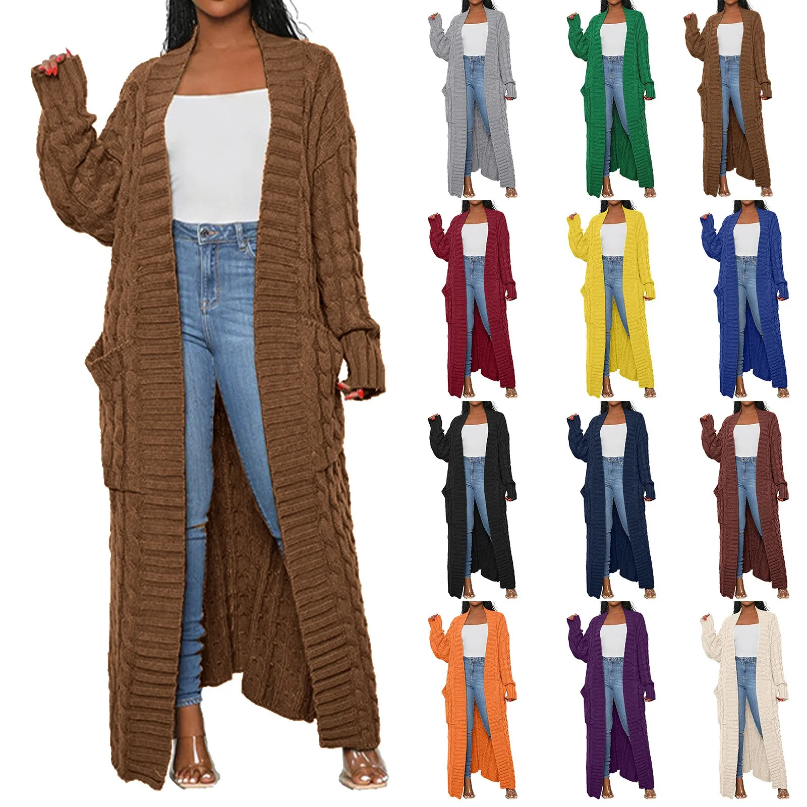 

Women's Solid Color Long Sleeved Loose Knit Sweater Outerwear Long Cardigan