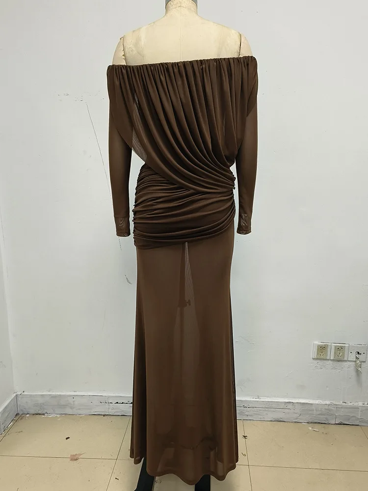 Robes longues vintage marron à col bateau en maille transparente à manches longues, taille haute, patchwork, plissées, amincissantes, pour événements de gala