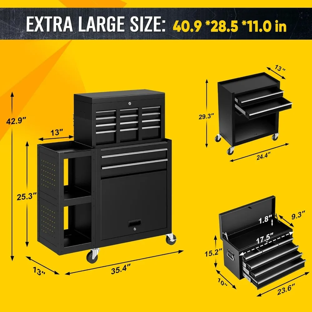 8-Drawer Rolling Tool Chest with Wheels, Exclusive 3-in-1 Tool Box Combo with Removable 2-Tire Utility Cart, Large Storage Cabin