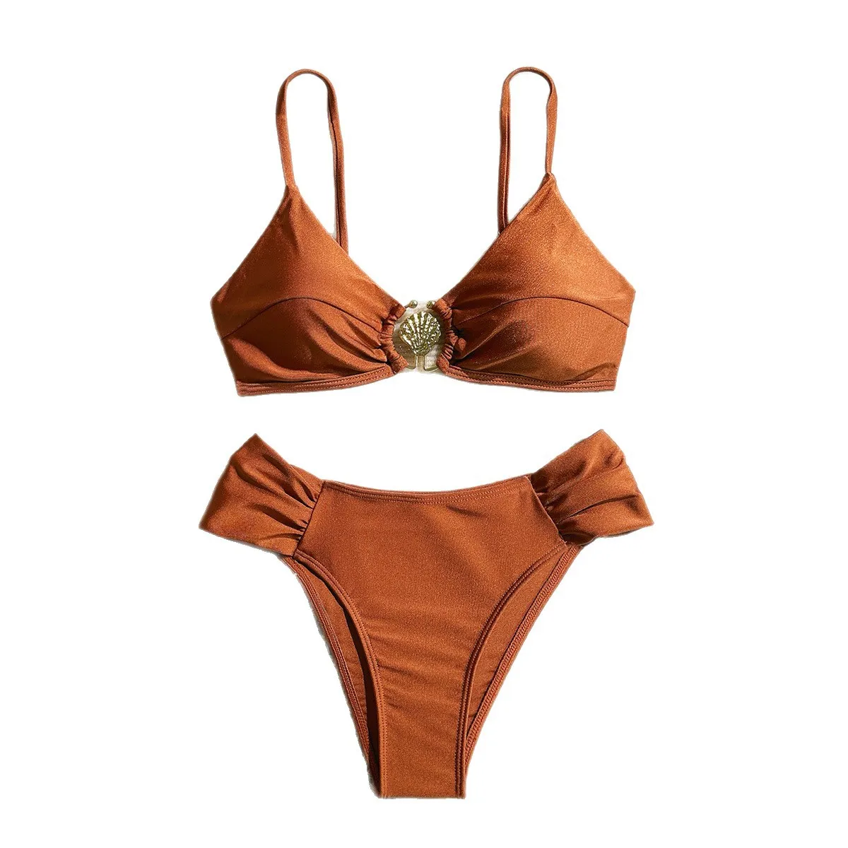 Women's 2026 New Sexy Shell Metal Button Bikini Set Solid Color Push Up Halter Two Piece Swimwear Summer Beach Bathing Suit