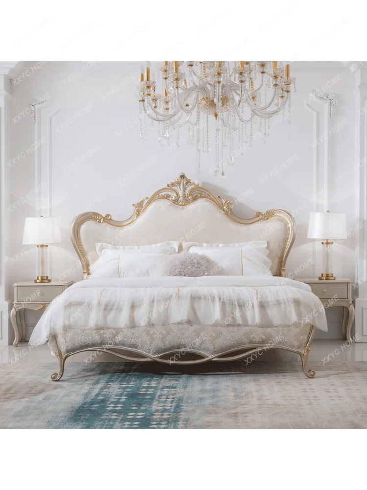 French Retro Jacquard Fabric Double Bed Gold Carved 1.8M Master Bedroom Marriage Bed European Solid Wood Furniture