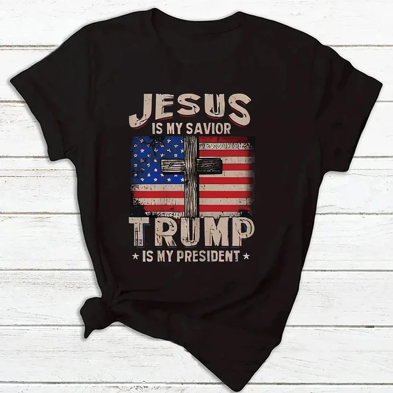 Jesus Is My Savior Trump Is My President Women's Casual Short Sleeve Printed Summer T-Shirt O-Neck Top Women's Summer Tee TShirt