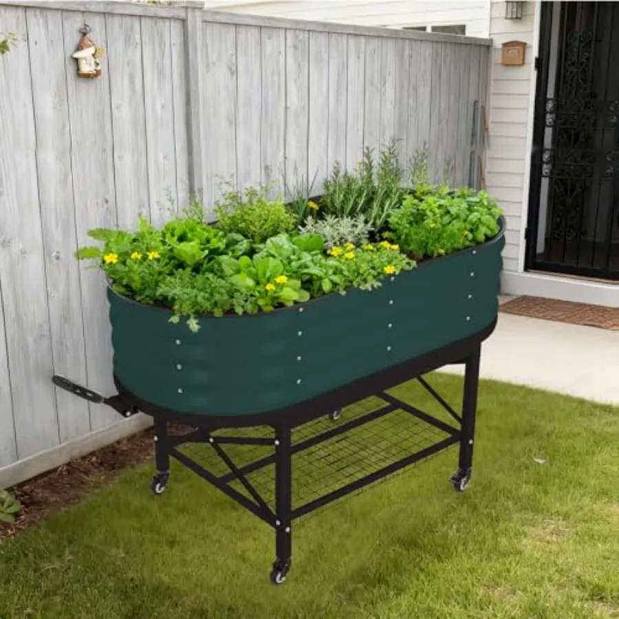 Outdoor vegetable garden bed kit: galvanized steel, gray, thick reinforced construction with legs storage rack, tool-free assem