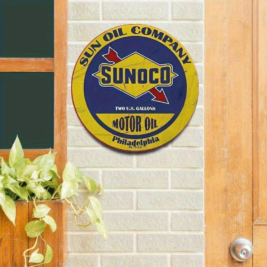 2D Flat, Vintage Sunoco 2 Gallon Motor Oil Can Aluminum Wall Art - 7.8x7.8 Inch Retro Blue & Yellow Design with Arrow, Durable M