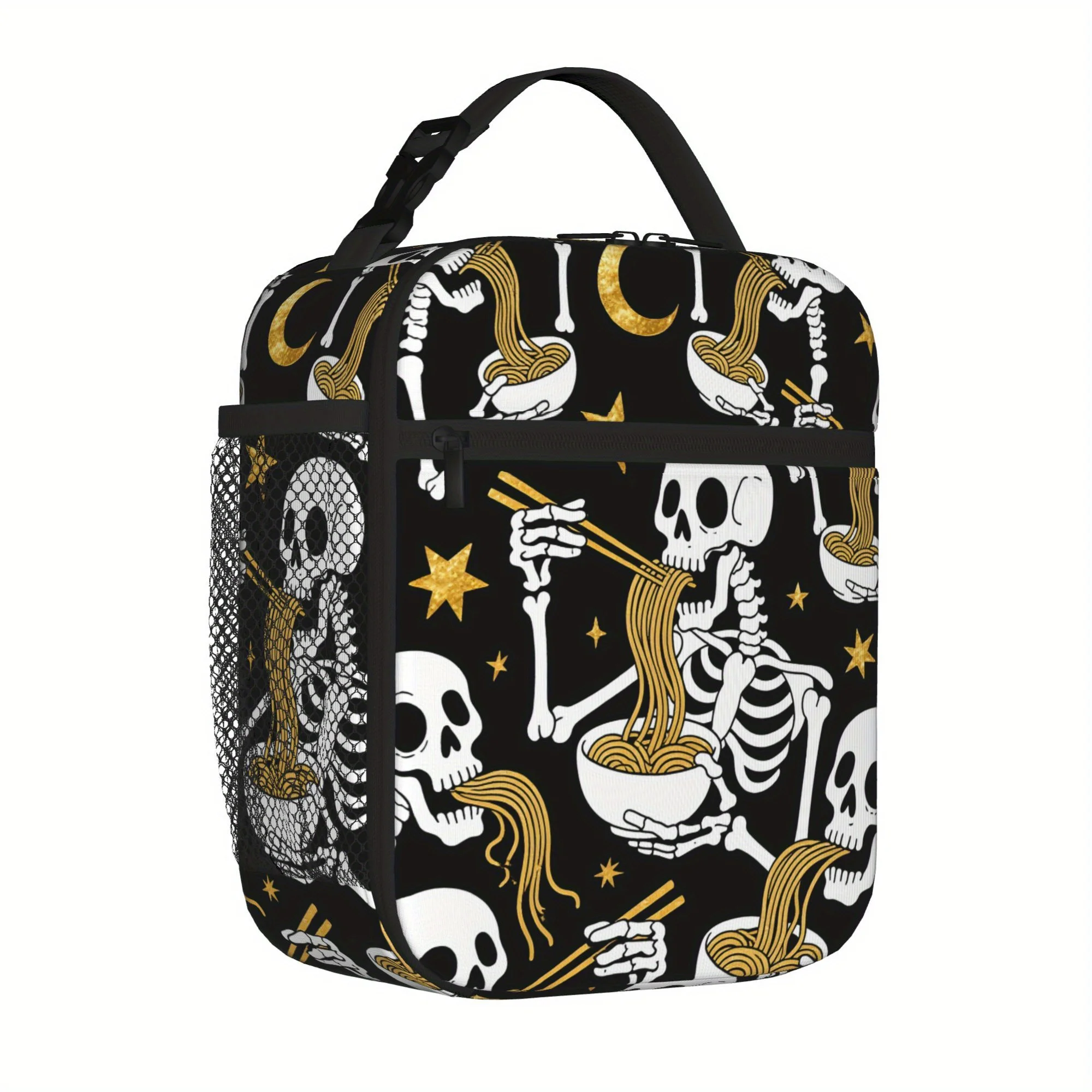 

Skeleton Ramen Insulated Lunch Box - Black with Golden Skeleton & Ramen Design, Reusable Cooler Tote for Work, Office, Picnic