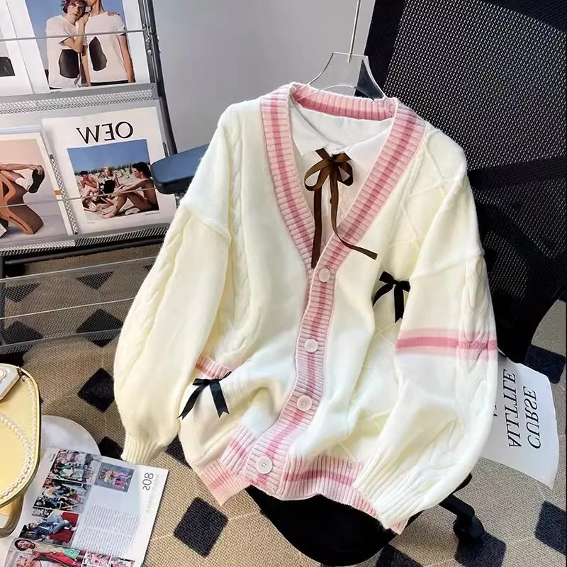 Deeptown Sweet Bow Women Sweater Y2k Aesthetic Contrast Color Knitted Cardigans JK Kawaii Korean Fashion Loose Autumn Knitwear