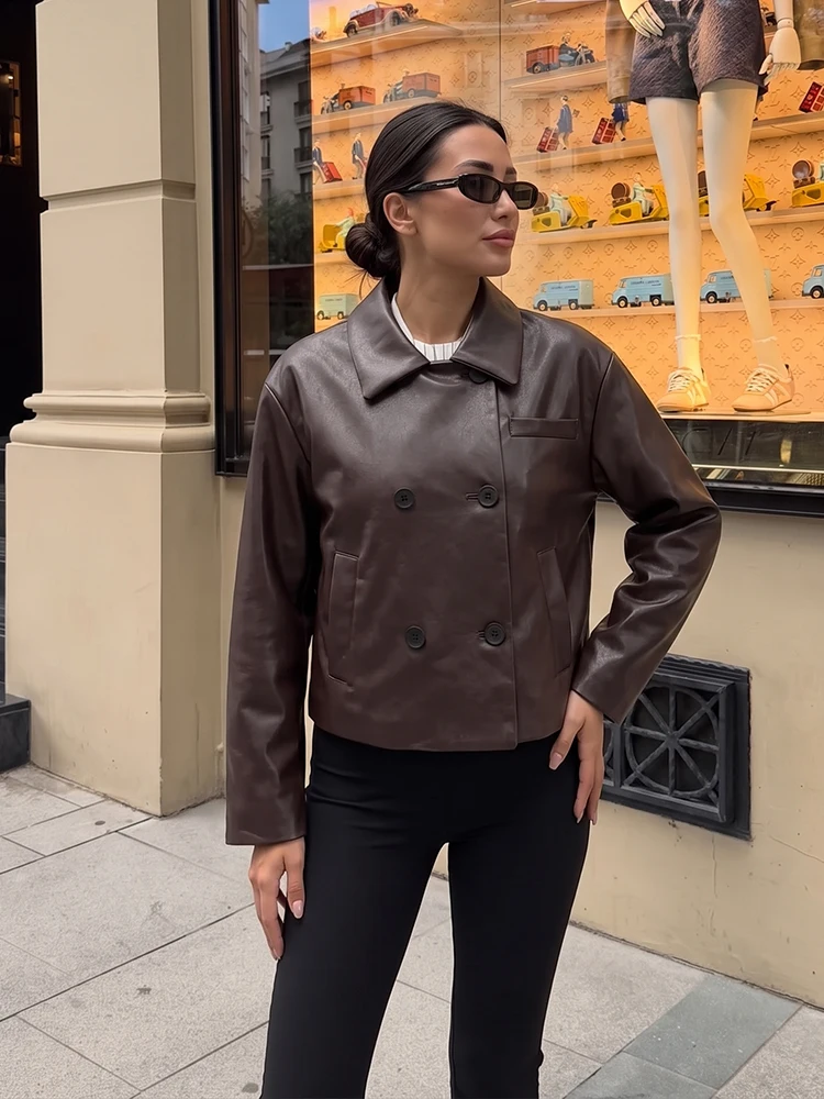 

HH Autumn Fashion Women's Faux Leather Cropped Jacket 2026 Elegant Double-Breasted Lapel Pocket Short Slim Coat Streetwear