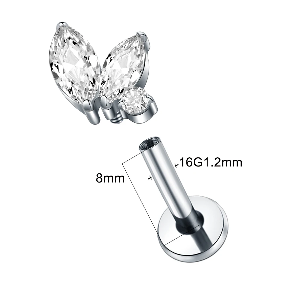 1/5PCS Titanium Marquise CZ Flat Back Stud Earring 16G Internal Thread Labret Helix Cartilage Medusa Tragus Lip Piercing Jewelry