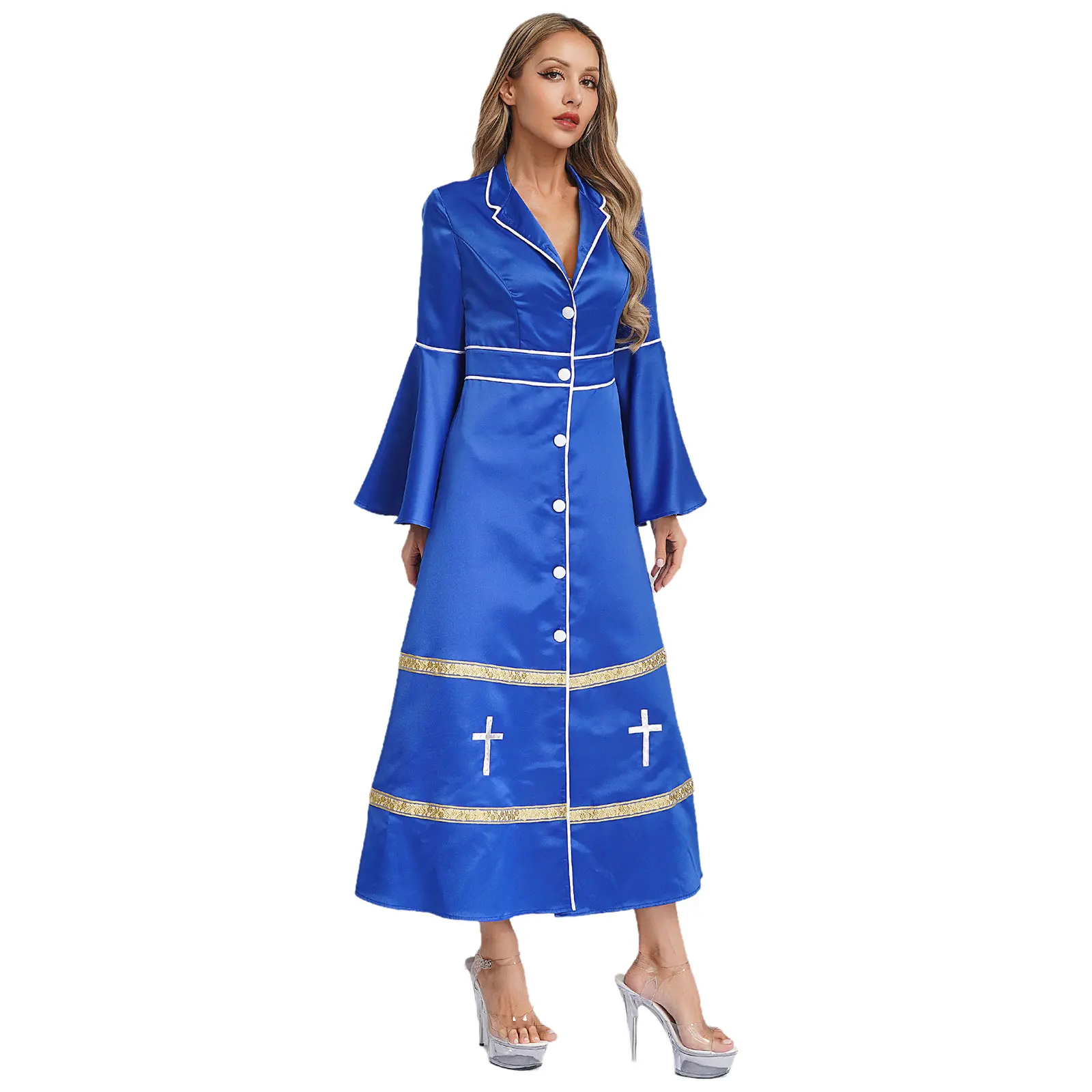 Womens Clergy Minister Cosplay Pulpit Liturgical Vestments Church Pastor Robes Choir Cosplay Costume Buttons Cassock Robes