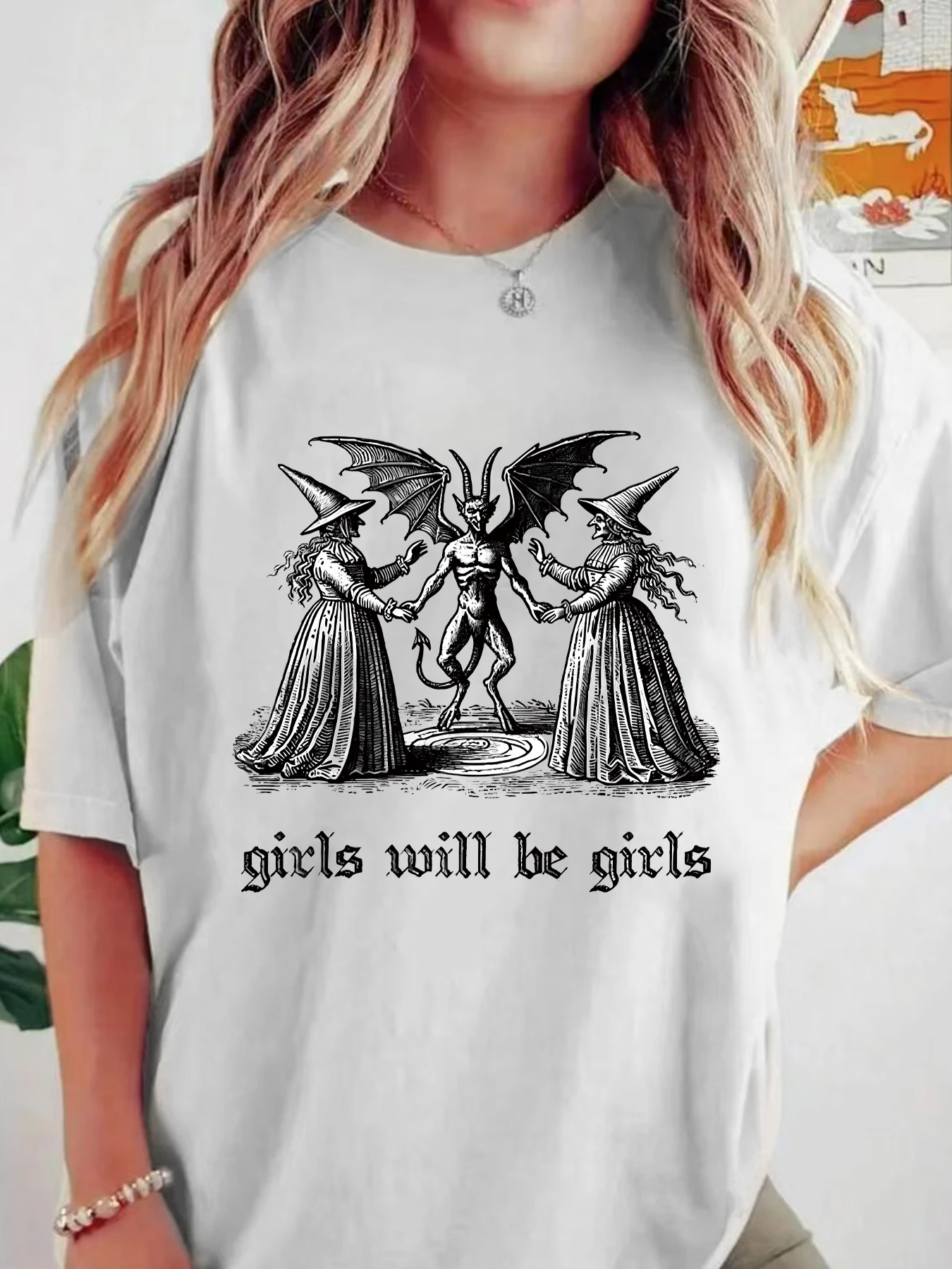 

Witch Summons Demon Letter Round Neck Plus Size Women T-Shirt Short Sleeve Trend Printing Elastic Half Sleeve T-Shirt
